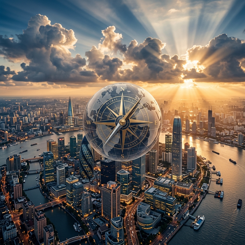 Global vision — city skyline at golden hour
